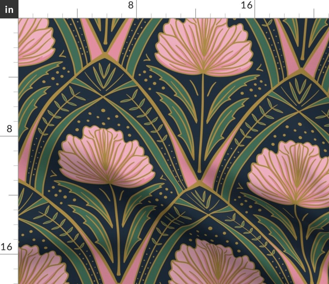 Art Deco Peony Dark Blue Pink Green Floral Abstract Botanical Nouveau Custom Printed Fabric by Spoonflower Various Fabrics by the Yard or Fat Quarter